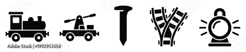 Classic railroad symbols including train engine handcar spike tracks and lantern for transportation graphics