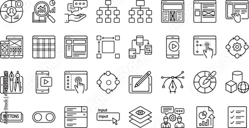 UI UX Design and Web Development Icon Set with Wireframe, Prototyping, Interface Elements, Dashboard, App Design and User Experience Outline Vector Collection