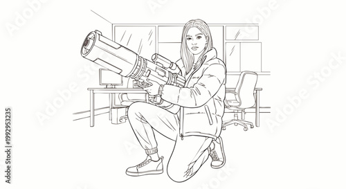 Young woman holding a large futuristic weapon in an office setting, ready for action. Sci-fi illustration for coloring book or fantasy game concept art.