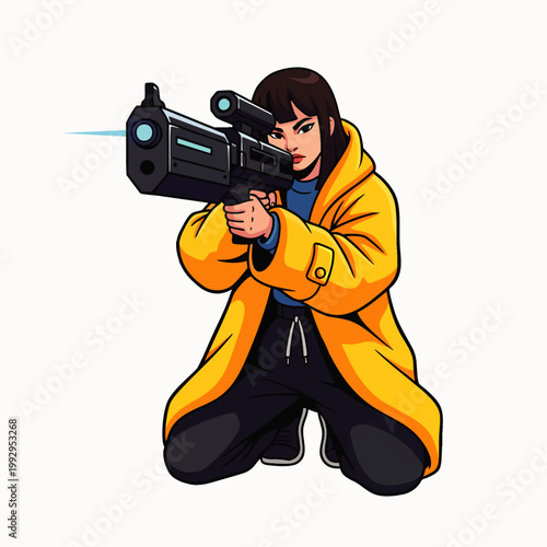 Stylish female character in yellow trench coat aiming futuristic laser rifle, ready for action in a vibrant comic book illustration style, perfect for gaming or sci-fi themes.