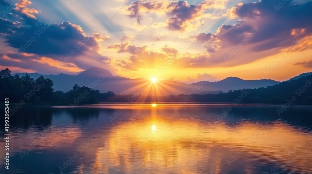Fototapeta premium Spectacular Sunrise or Sunset Over Majestic Mountains Reflected on a Tranquil Lake with Vibrant Light