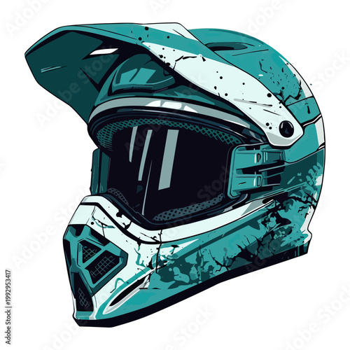 A detailed teal motocross helmet with scratches and dark visor, illustrated in a bold stylized cartoon vector design.