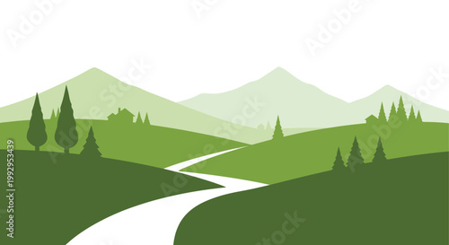 A tranquil landscape featuring green hills mountains and a winding path
