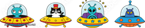 Set of Cute Cartoon UFOs with Aliens and Animals for Space, Sci-Fi, and Fun Illustrations
