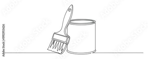 Continuous line drawing of a paint can and brush for home renovation DIY projects and creative decorating