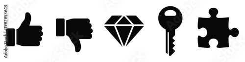 Black icons of like, dislike, diamond, key, and puzzle piece perfect for digital design and conceptual representation.