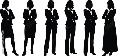 Six confident businesswomen standing in a row with their arms crossed in black silhouettes