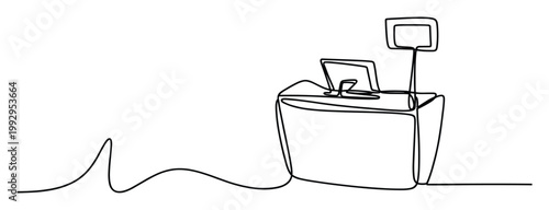 Continuous line drawing of a cashier counter setup with computer and display for various business and retail concepts