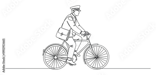 Postman riding bicycle delivering mail depicting postal service operations and transportation for delivery themed marketing