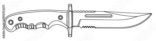 Outline drawing of a robust tactical knife with a serrated blade and ergonomic handle perfect for outdoor gear and adventure graphics