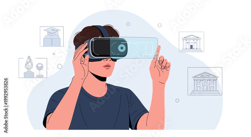 Man in VR headset exploring virtual museum with art and architecture