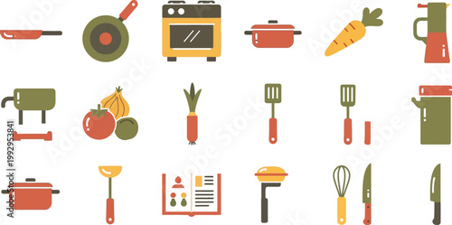 Colorful kitchen utensils and cookware collection in a flat design