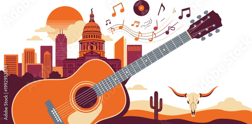 Country music vector illustration with acoustic guitar and city skyline. Musical notes and vinyl record over desert landscape. Western festival poster.