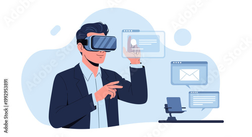 Man in VR headset interacting with virtual interfaces and digital data