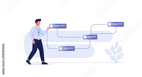 Man interacting with digital flowchart, business process, workflow, strategy, planning