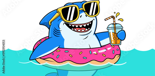 Cool shark cartoon character wearing sunglasses in pink donut floatie, funny shark mascot swimming in ocean with summer drink, tropical vacation vector