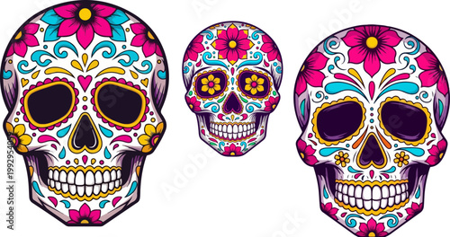 Mexican sugar skull vector set, colorful Dia de los Muertos calavera illustrations, traditional Day of the Dead floral skull graphics for festivals