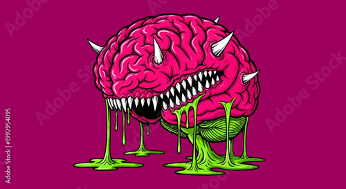 Edgy monster brain vector illustration, pink brain with sharp teeth and spikes, dripping green slime horror character for streetwear and posters