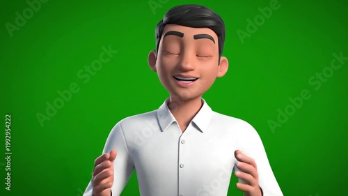 A simple and clean 3D animated male avatar in a white shirt, presented on a green screen background. Great for presentations, explainer videos, or corporate animations.