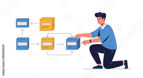 Man interacting with flowchart blocks, business process management, workflow automation concept