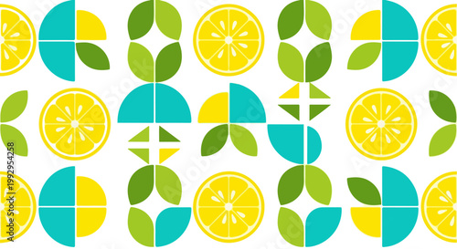 Geometric lemon fruit pattern vector, abstract citrus slices and green leaves background, modern yellow and teal summer wallpaper for food packaging