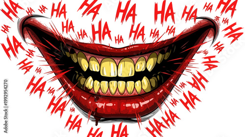 Creepy clown smile with yellow teeth and red lips, evil laughing mouth with HA HA text, scary joker grin vector illustration for Halloween