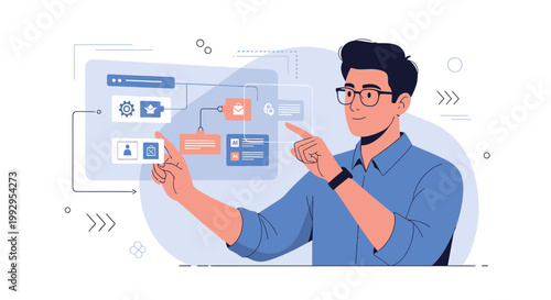 Man Interacting with Futuristic Digital Interface, Business Technology Concept