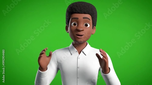 A simple and clean 3D animated male avatar in a white shirt, presented on a green screen background. Great for presentations, explainer videos, or corporate animations.