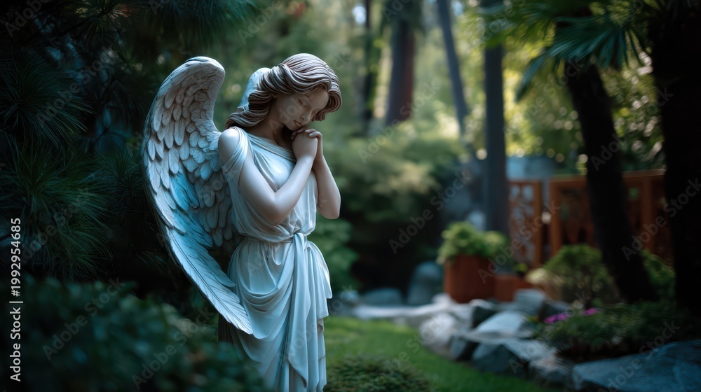 Fototapeta premium A serene angel statue in a garden setting, surrounded by lush greenery and soft sunlight, evoking peace and contemplation.