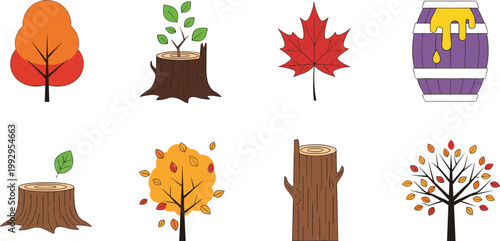 Set of Autumn Trees, Stumps, and Maple Leaves for Fall, Nature, and Seasonal Illustrations
