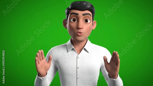 A simple and clean 3D animated male avatar in a white shirt, presented on a green screen background. Great for presentations, explainer videos, or corporate animations.