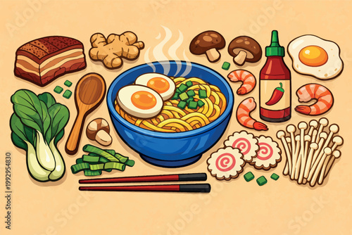 Asian Food Ramen Bowl Illustration Japanese Cuisine Meal Set