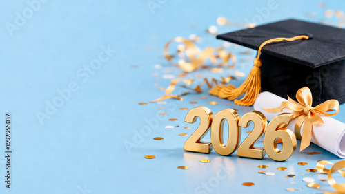 Class of 2026 background featuring academic hat, diploma with gold ribbon and confetti.