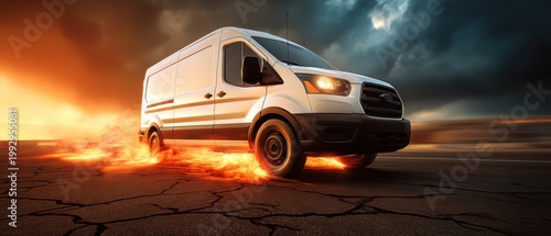 The White Cargo Van Racing Across Fiery Asphalt Under Dramatic Stormy Skies
