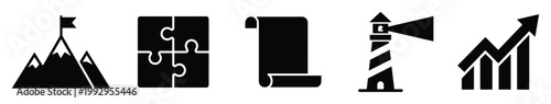 Business strategy icons for goal achievement, problemsolving, planning, guidance, and growth applications.