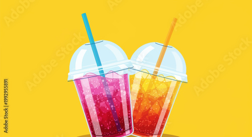 Vector illustration of two clear plastic takeaway cups filled with carbonated pink and orange soft drinks, ice cubes, and straws with dome lids on a bright solid yellow background.