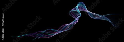 Vector abstract flowing lines with neon blue and purple gradient on black background for banner in concept artificial intelligence neural network technology and science.