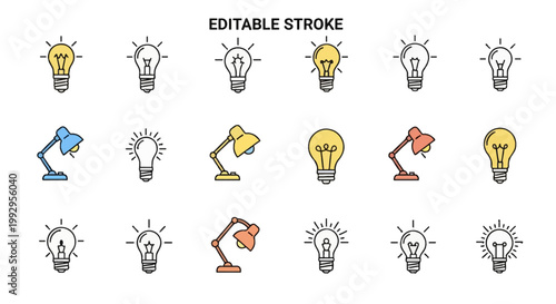 Set of eighteen flat linear light bulb and desk lamp icons with editable strokes, featuring diverse incandescent bulb designs and adjustable table lamps in yellow, blue, and orange.