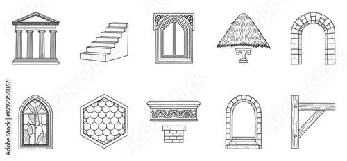 Architectural building elements featuring columns, arches, windows, stairs, and roofs for construction plans