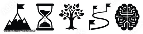 Essential strategic planning concepts with goal achievement, time, growth, progress, and intelligence for business.