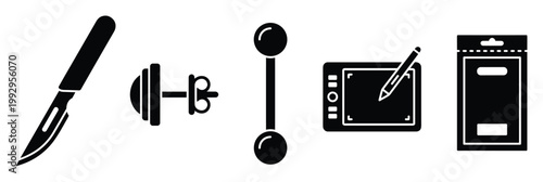 Collection of professional icons featuring a medical scalpel jewelry graphic tablet and packaging pouch