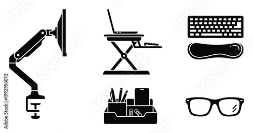 Modern ergonomic office accessories and workstation equipment icons useful for digital productivity and desk organization themes