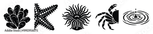 Black silhouettes of diverse marine organisms and water ripples ideal for aquatic themes and educational designs