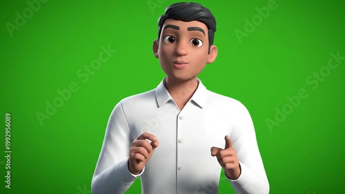 A simple and clean 3D animated male avatar in a white shirt, presented on a green screen background. Great for presentations, explainer videos, or corporate animations.