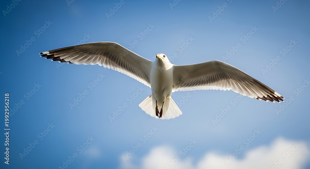 Obraz premium Seagull in flight against a clear blue sky wings extended