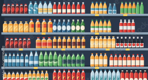 Flat vector illustration of various bottled beverages organized on grocery store shelves, including colorful soda, juice, and water bottles in plastic and glass containers.