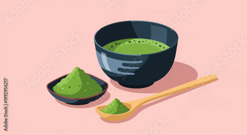 Vector illustration of a traditional Japanese matcha tea set featuring a dark bowl of frothy tea, a heap of matcha powder in a dish, and a wooden spoon on a solid pink background.