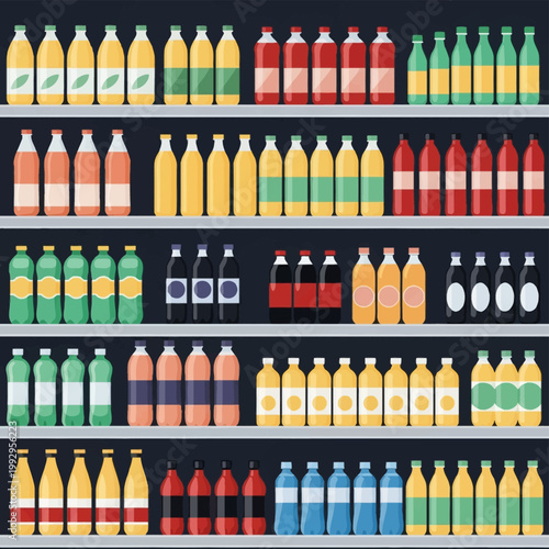 Flat vector illustration of diverse beverage bottles arranged on retail supermarket shelves, featuring fruit juice, soda, mineral water, and soft drinks in colorful, neat rows.