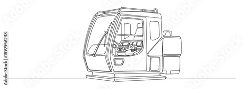 Single line drawing of a heavy machinery cabin showcasing operator controls and modern industrial equipment interfaces for technical documentation.