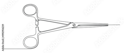 Continuous line drawing of a surgical clamp or hemostat medical instrument for healthcare and hospital themes